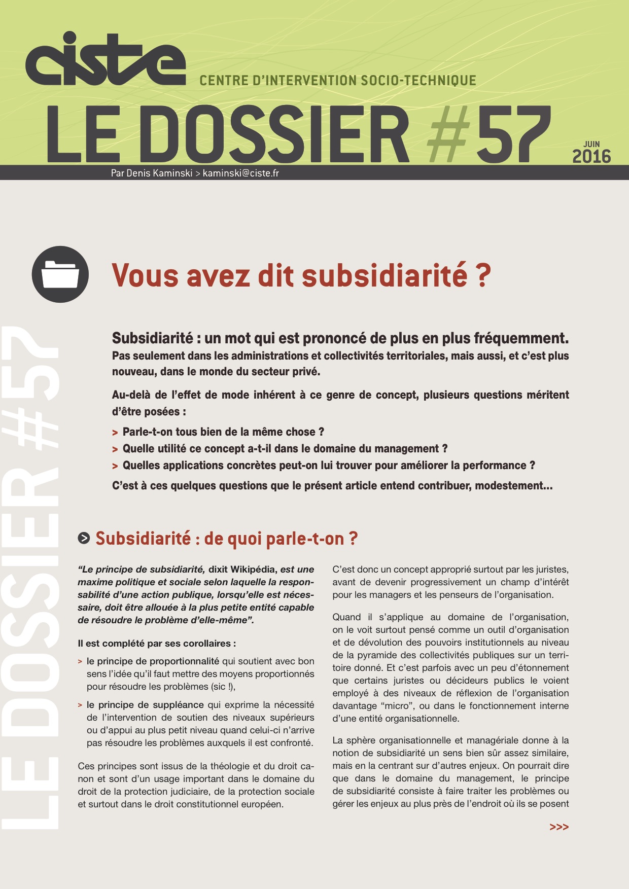 Vous avez dit subsidiarité ? Dossier N° 57 Juin 2016